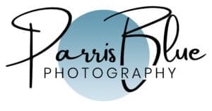 Parris Blue Photography logo with black script text over a blue circle.